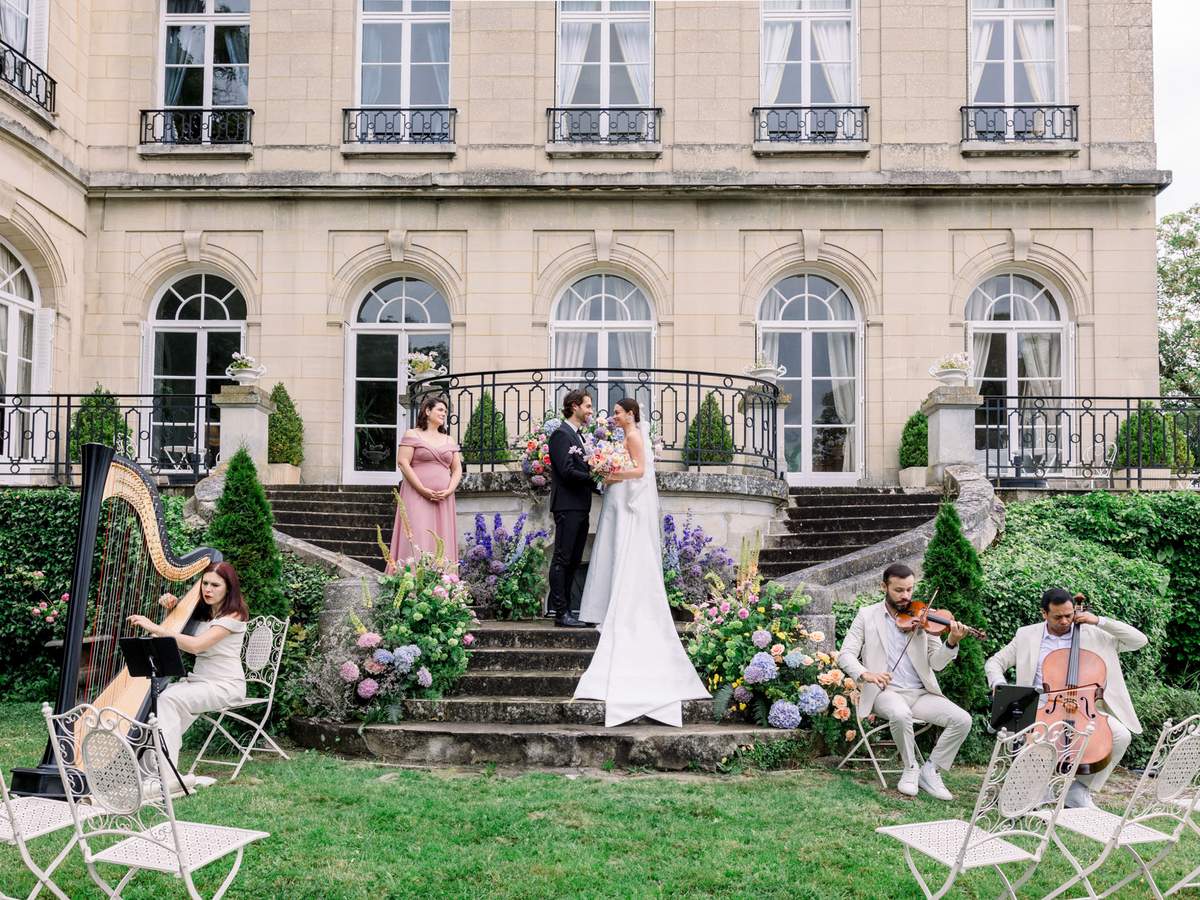 Coral-to-Blush Ombre and Couture Bows at Chateau du Prieure d'Evecquemont