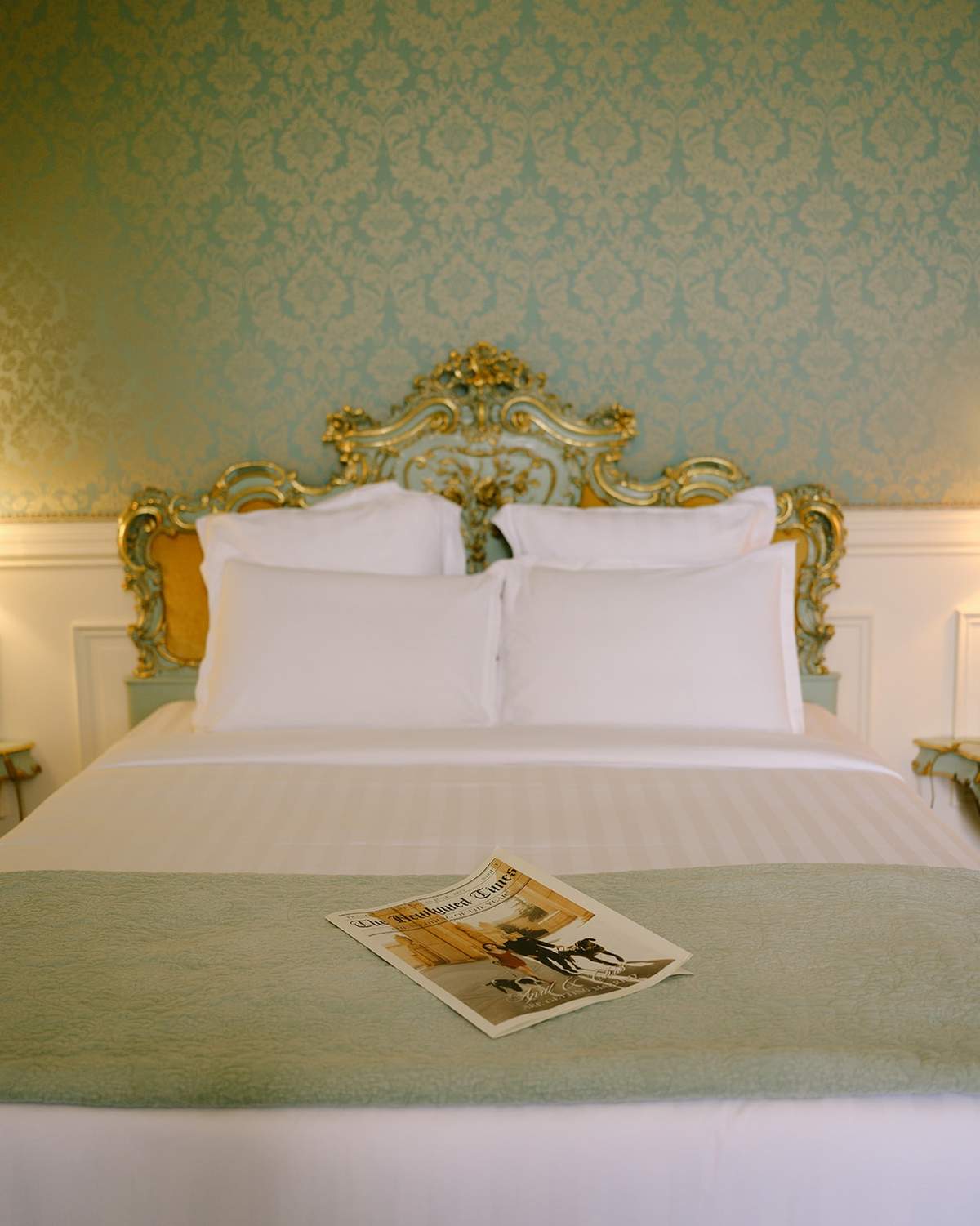 Gilt rococo bed in bridal suite at Chateau Saint-Martin-du-Tertre