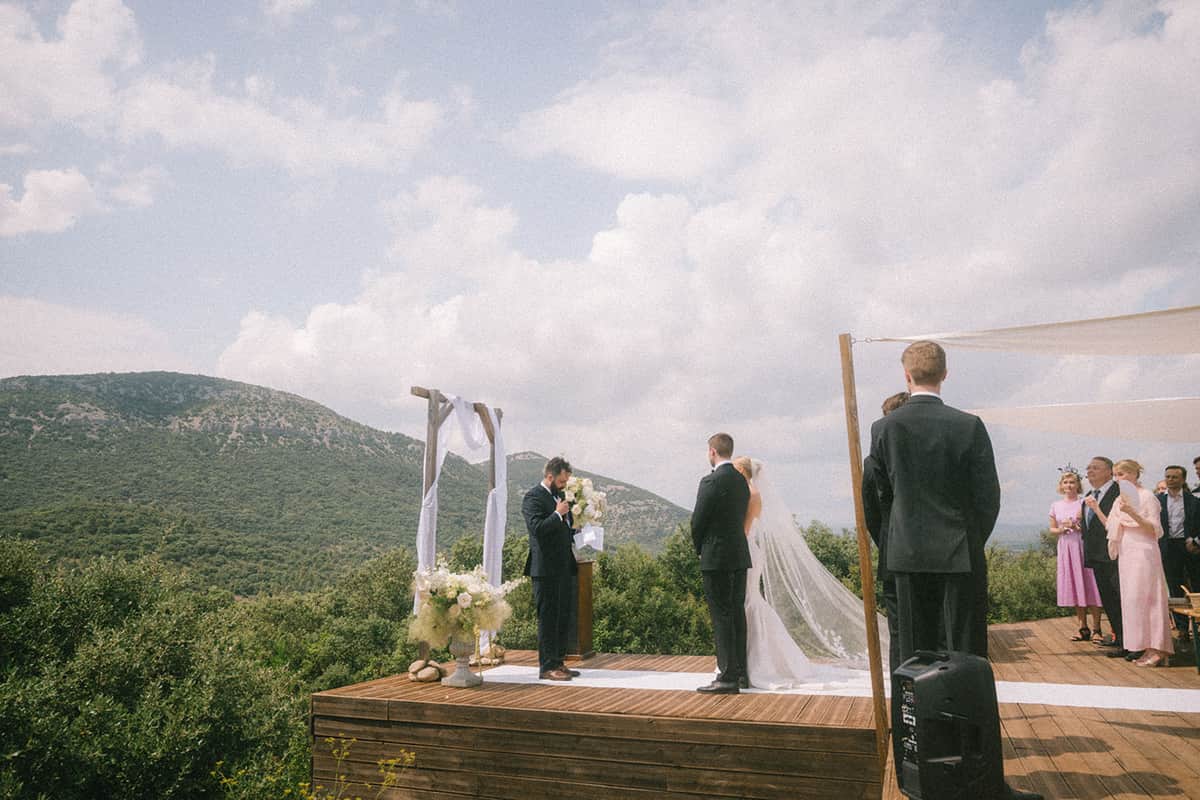 Wedding ceremony setup with peonies