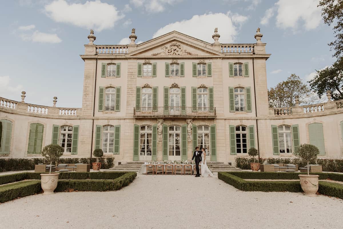 Sculptural Florals and Halter Gown Elegance at Chateau de Tourreau, Provence