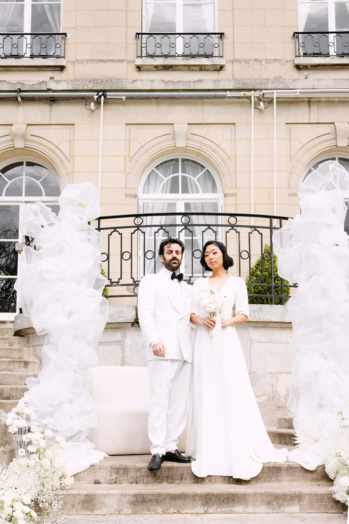 Dried White Flowers and a Staircase Ceremony at Château du Prieuré