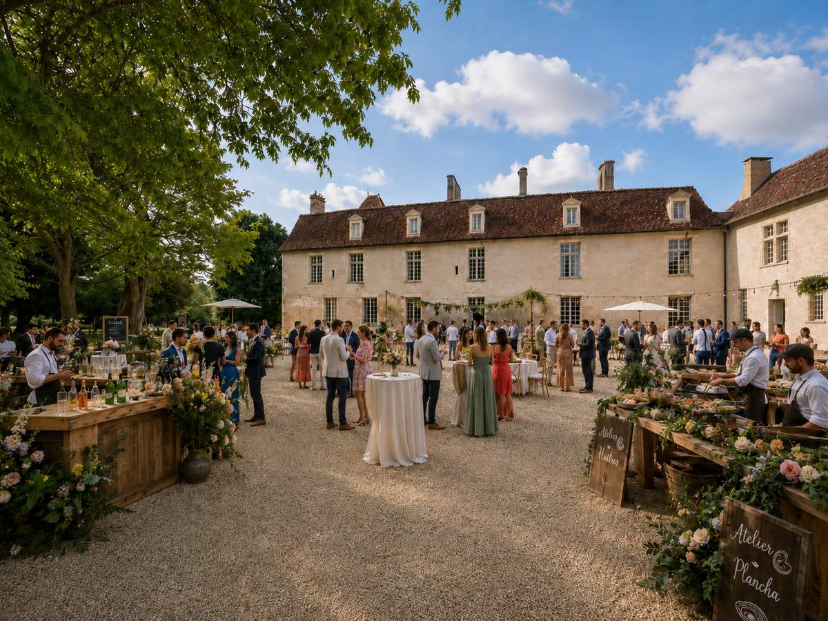 Drinks reception in the courtyard, with oyster and plancha stations