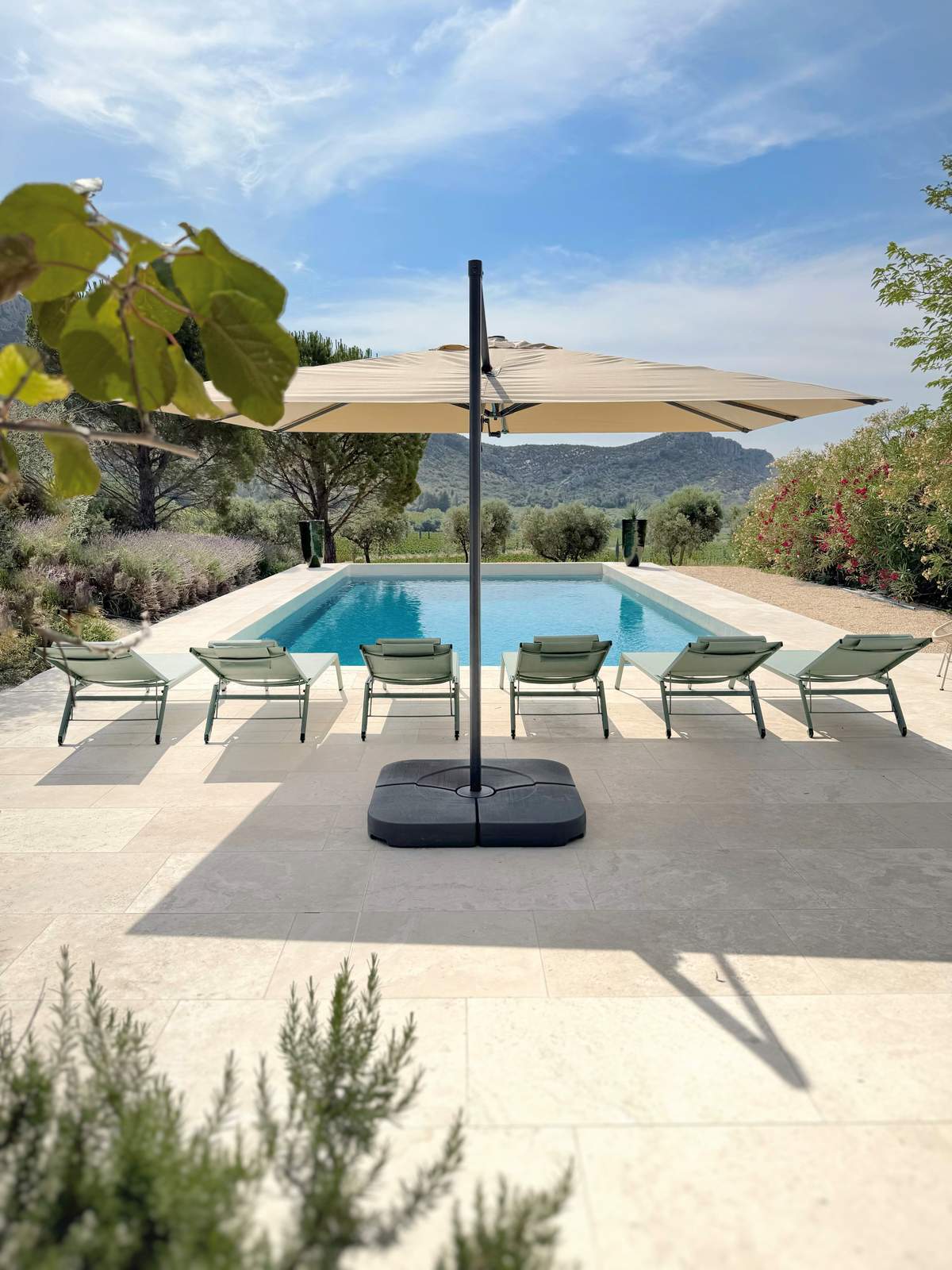 The swimming pool at the Villa des Glauges with sun loungers and a large parasol, framed by Mediterranean planting