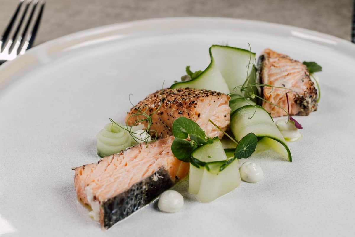 Plated salmon with cucumber and herbs