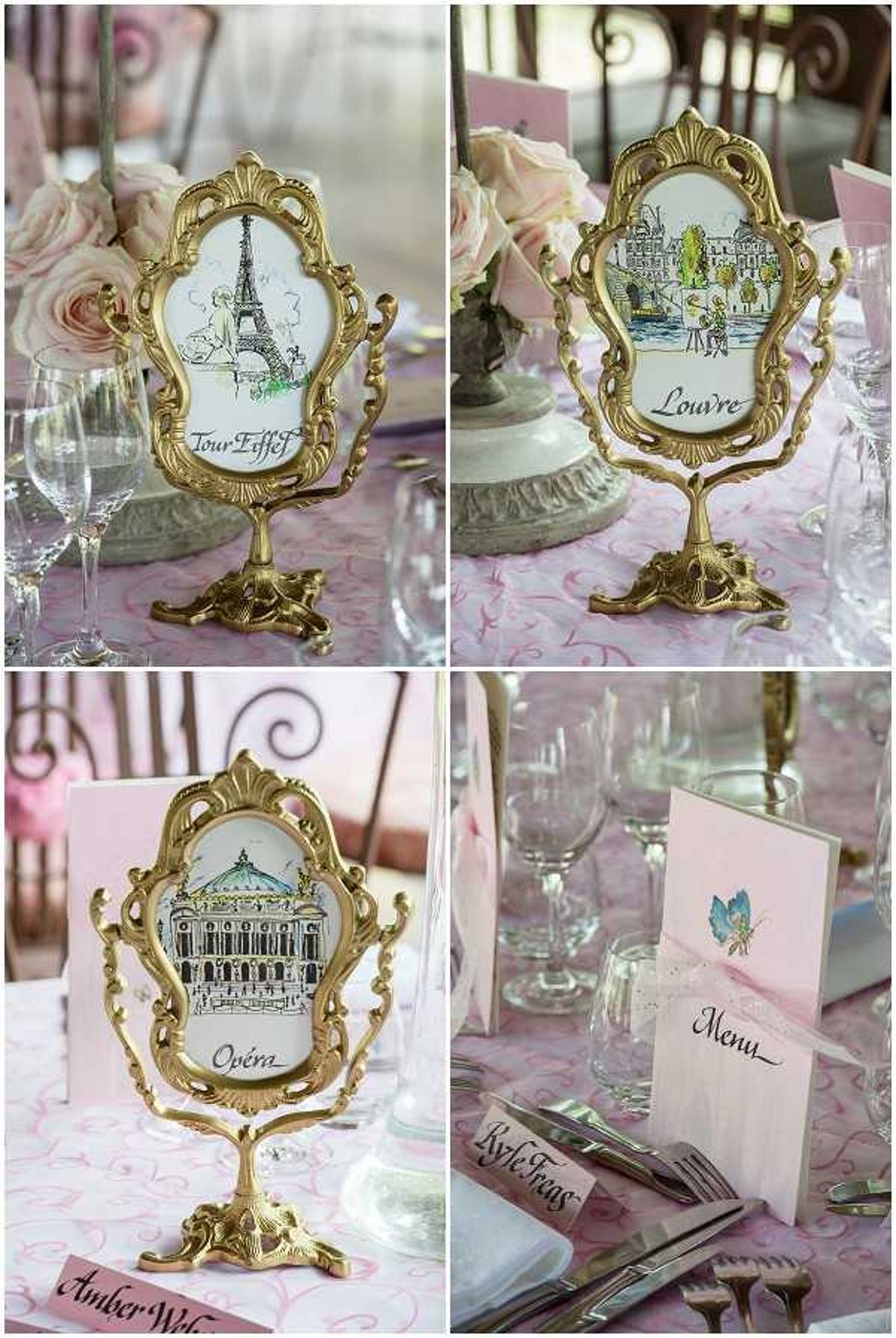 Close-up detail shots of Paris-themed wedding table decor arranged in a four-image grid. Three of the images show ornate gold baroque-style freestanding mirror frames holding illustrated watercolor table name cards depicting Parisian landmarks — the Eiffel Tower (labeled 'Tour Eiffel'), the Louvre, and the Opéra — placed on pink patterned tablecloths alongside blush rose floral arrangements and crystal glassware. The fourth image shows a place setting detail with a pink menu card illustrated with a small fairy figure, a calligraphy place card reading 'Kyle Fras,' and silver flatware wrapped in a white napkin. The overall decor palette is blush pink and gold with a classic Parisian theme.