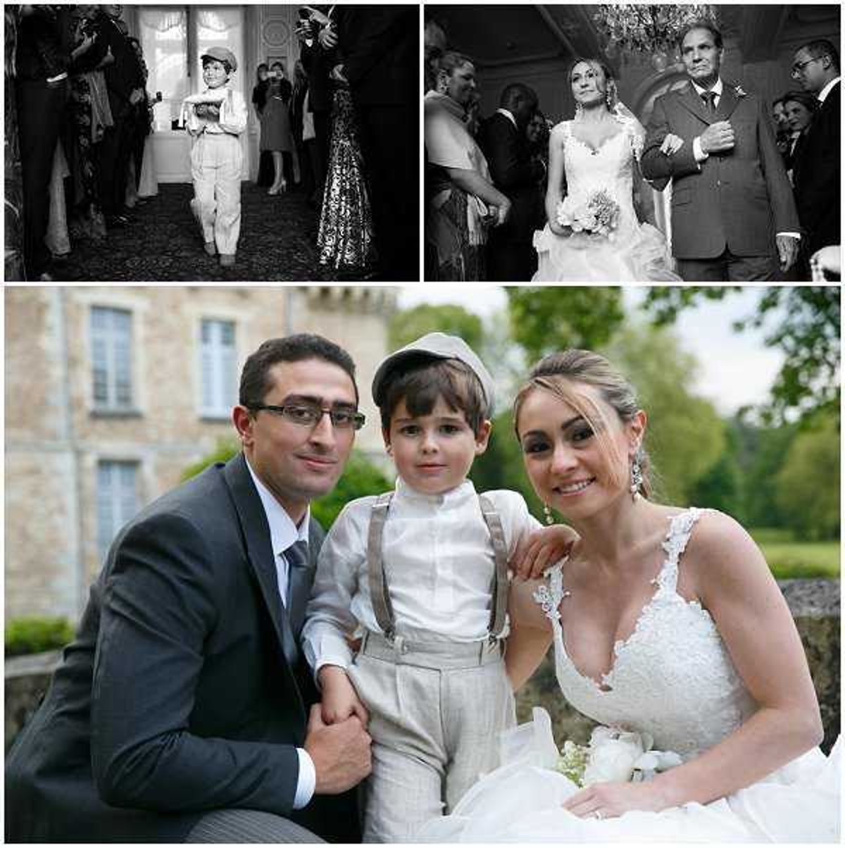 A composite of three wedding images. Top left (black and white): A young boy in a white suit and cap walks down an aisle lined with guests during a ceremony processional, carrying what appears to be a small item. Top right (black and white): The bride in a lace V-neck gown with a full skirt is escorted down the aisle by an older gentleman, likely her father, with several guests visible in the background under a chandelier in an indoor ceremony space. Bottom: A color portrait of the bride and groom seated outdoors with the same young boy between them; the groom wears a charcoal grey suit with a grey tie, the boy wears a light grey outfit with suspenders and a kippah, and the bride wears a lace sleeveless wedding gown with a plunging neckline. The background shows the stone facade of a chateau with greenery. Portrait composition.