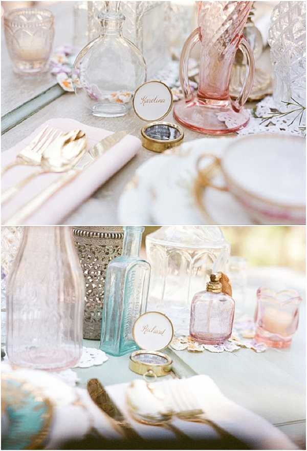 Close-up detail shots of a wedding reception tablescape styled in a vintage, romantic aesthetic with a pastel color palette. The top image shows a place setting with gold cutlery wrapped in a blush pink linen napkin, a small round gold-framed place card reading 'Karolina,' a brass ring dish, clear and blush pink vintage glass bottles, lace doilies, and crystal glassware. The bottom image shows a similar arrangement featuring a place card reading 'Richard,' with an assortment of colored vintage glass bottles in blush pink, mint/aqua, and clear glass, alongside a brass compass, ornate metallic vessels, and lace doilies scattered across a light-colored table surface. The overall decor palette combines blush pink, mint, gold, and ivory in a whimsical vintage boho style, with collected antique-style perfume and apothecary bottles used as decorative elements rather than floral centerpieces.