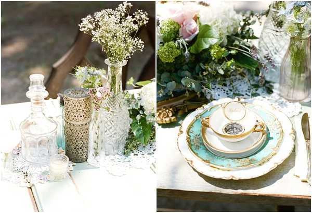 Close-up detail shots of a vintage-style outdoor wedding tablescape presented as a side-by-side diptych. The left image shows a white lace doily runner on a light-painted table, styled with an ornate gold filigree vessel, a crystal glass decanter, a cut-crystal bud vase, and small bottles holding baby's breath and greenery. The right image shows a place setting featuring a mint green and gold-rimmed charger plate layered with a white and gold scalloped dinner plate and a matching mint and gold teacup and saucer, accompanied by a gold-handled knife; a lush centerpiece of blush pink roses, white hydrangeas, viburnum, and eucalyptus is visible in the background. The overall styling theme is vintage romantic with a mint, gold, white, and blush color palette, incorporating mismatched antique china, lace, and crystal elements. Both are close-up detail shots.