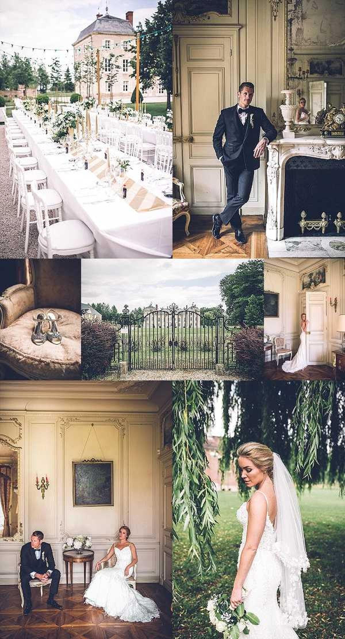 A six-image collage from a French chateau wedding featuring a classic, formal style with a white and gold palette. Top left: an outdoor reception setup showing a long banquet table with a white linen runner, tall gold candelabras with greenery arrangements, white Chiavari chairs, and string lights, set against the chateau facade in the background — wide shot. Top right: the groom in a dark navy suit with a floral boutonniere leaning casually against an ornate white marble fireplace inside a gilded chateau interior — portrait shot. Middle left: a detail close-up of gold strappy bridal heels resting on a cream velvet cushion. Middle center: an exterior wide shot of wrought-iron estate gates with manicured grounds and the chateau visible in the distance. Middle right: the bride in a fitted white lace gown with a cathedral-length veil standing in a doorway of the chateau's ornate interior — full-length portrait. Bottom left: the couple seated together in the chateau's paneled salon with cream boiserie walls and parquet floors, the bride holding an ivory and greenery bouquet, both in a candid resting pose — wide portrait. Bottom right: a close-up portrait of the bride outdoors beneath a weeping willow, wearing a spaghetti-strap lace gown and veil, holding a small bouquet of white flowers and eucalyptus. Potential venue feature image.
