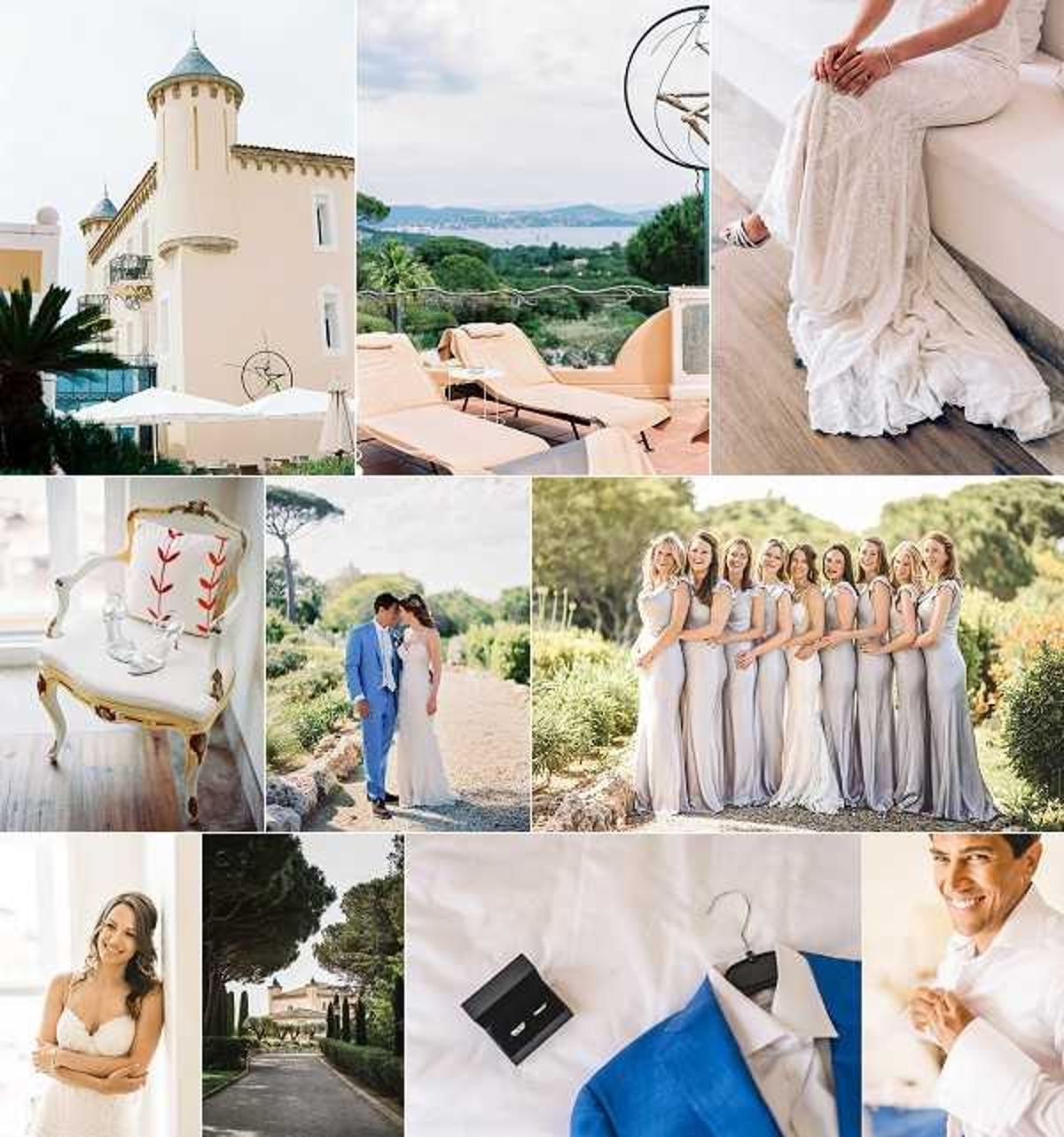 A collage of ten wedding images from what appears to be a French Riviera chateau wedding. Top row: an exterior shot of a pale yellow chateau with a blue-turreted tower; a rooftop terrace view overlooking a bay with sun loungers; a close-up detail of the bride seated in her lace white gown with silver strappy heels. Middle row: a detail flat lay of silver stiletto heels on a gold-framed white chair with red floral embroidery; an outdoor portrait of the couple — groom in a pale blue suit and bride in a fitted white lace gown — sharing a quiet moment on a garden path; a group portrait of seven bridesmaids in floor-length silver-grey satin dresses lined up outdoors in a garden setting. Bottom row: a portrait of the smiling bride in a strapless white gown against a bright window; a tree-lined driveway leading to the chateau photographed in soft light; a flat lay detail of a white dress shirt, royal blue suit jacket, black cufflink box, and silver cufflinks on a hanger; a portrait of the smiling groom adjusting his sleeve near a window. The overall palette is soft — silver, ivory, pale blue, and royal blue — with a classic, polished South of France style. Potential venue feature image.