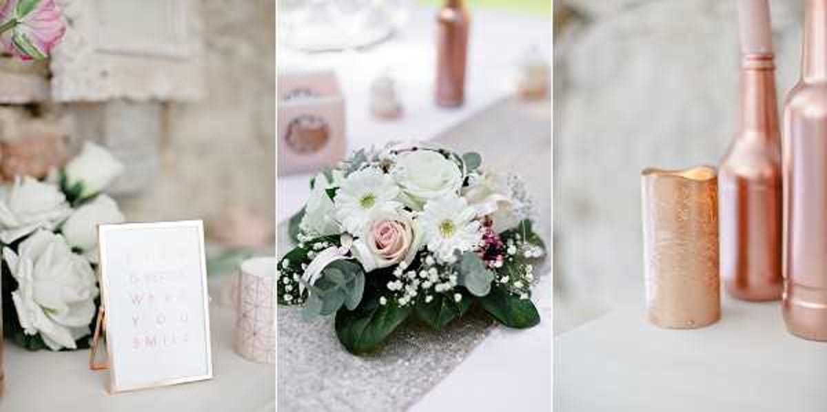 A triptych of three close-up detail shots from a wedding reception tablescape, all featuring a rose gold and blush color palette. The left panel shows a small rose gold-framed sign with a handwritten-style quote alongside white roses and a geometric rose gold candle holder. The center panel features a low floral centerpiece of blush pink roses, white dahlias or chrysanthemums, baby's breath, and eucalyptus greenery arranged on a silver sequin table runner, with rose gold painted bottles visible in the background. The right panel is a close-up of rose gold painted glass bottles and a metallic rose gold candle holder grouped together as decorative accents. The overall styling is modern romantic with a consistent rose gold, blush pink, and white decor palette.