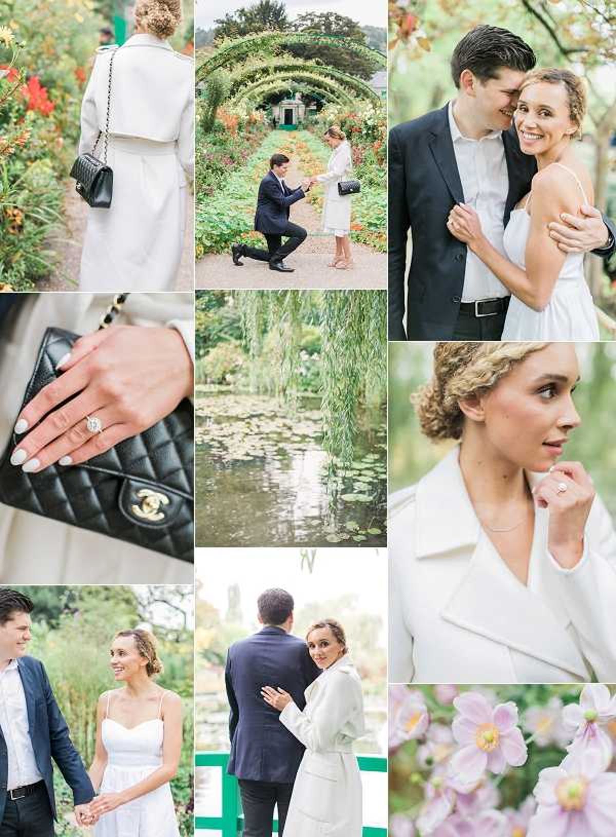 A nine-image collage documenting a marriage proposal and engagement session at Monet's Garden in Giverny, France. The proposal scene shows a man in a navy suit kneeling on one knee beneath a flower-covered arched pergola walkway while presenting a ring box to a woman in a white knee-length dress carrying a black quilted Chanel handbag. Detail shots include a close-up of the engagement ring — a large halo-set diamond — resting on the woman's hand against the quilted black Chanel bag, and a portrait close-up of the woman in a white structured coat touching her ring. Additional couple portraits show the pair holding hands, embracing, and standing near the iconic lily pond with weeping willows; the woman wears a white spaghetti-strap dress in some frames and a white coat in others, while the man wears a navy blazer and grey trousers. A final detail shot shows pale pink anemone flowers in soft focus. The overall styling is classic and understated, with a neutral white and navy palette, shot in a mix of wide environmental portraits and close-up detail compositions.