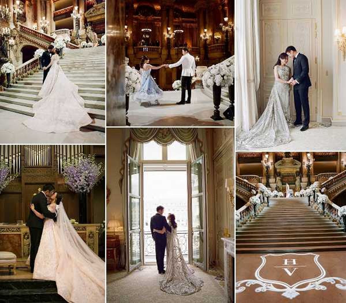A collage of six wedding portrait images taken at what appears to be the Palais Garnier (Paris Opera House), showcasing a couple across multiple locations within the venue. Top left: a wide shot of the bride and groom on the grand marble staircase, the bride wearing a voluminous ivory ball gown with an extended cathedral train. Top center: the couple dancing or twirling on the main staircase landing, the bride in a pale blue ball gown and the groom in a white military-style jacket, with large white floral arrangements of hydrangeas and roses flanking the space. Top right: a close portrait of the couple in a gilded room, the bride in a heavily embellished silver-grey long-sleeved gown with a long train. Bottom left: the couple sharing a kiss in front of a pipe organ backdrop decorated with cascading lavender and white floral arrangements, the bride in an ivory gown with a long veil. Bottom center: a silhouette-style portrait of the couple standing before tall arched windows with natural backlight, the bride's embellished train spread across the floor. Bottom right: a wide shot of the grand staircase lined with white floral arrangements, with a monogram crest reading 'H V' inlaid on the floor in the foreground. The overall decor palette features white blooms, gold architectural detailing, and warm chandelier lighting throughout. Potential venue feature image.