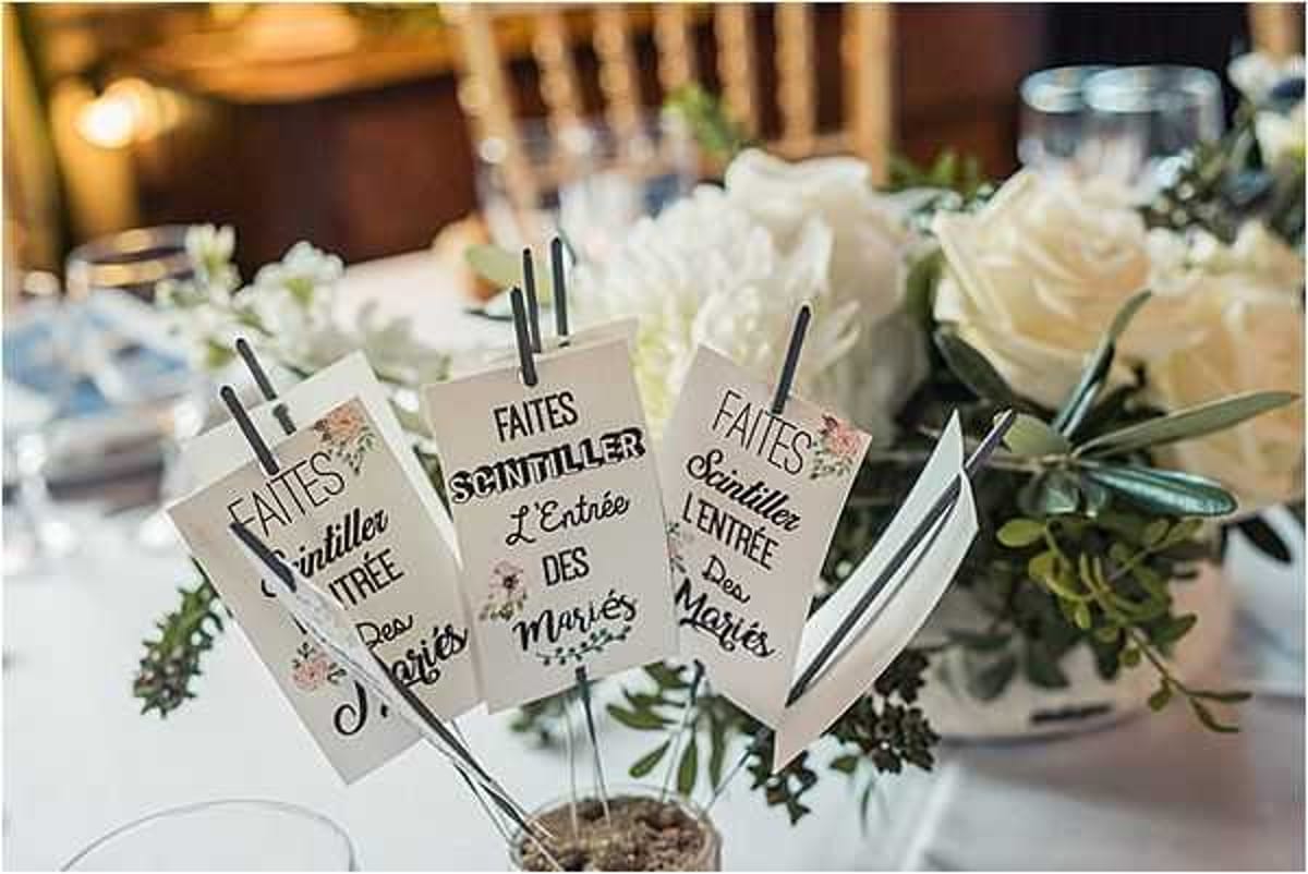 A close-up detail shot of a wedding table centerpiece featuring several small sparkler packets on wire stems, each printed with the French phrase 'Faites Scintiller L'Entrée des Mariés' ('Sparkle the Entrance of the Newlyweds'), decorated with small floral illustrations in blush tones. The sparkler packets are arranged in a small pot surrounded by greenery, with a large floral arrangement of ivory roses and eucalyptus visible in the background. The table is set with white linens and glassware, and the reception venue interior is softly lit and warm-toned in the background. The overall decor palette is white, green, and blush, consistent with a classic romantic French wedding reception styling.
