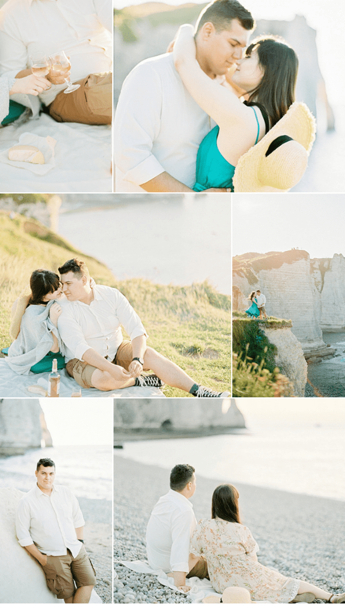 A collage of six engagement or pre-wedding session photographs featuring a couple at the Étretat chalk cliffs on the Normandy coast of France. The woman wears a teal/turquoise dress and a yellow straw hat in several frames, while the man is dressed in a white linen shirt and khaki shorts. Shots include a close-up detail of the couple clinking rosé wine glasses alongside a baguette on a blanket, a portrait of them kissing with the white cliffs visible in the background, a relaxed picnic scene on the clifftop grass with a bottle of wine beside them, a wide shot showing the couple standing at the cliff's edge with the iconic Étretat arch formation visible, a solo portrait of the man leaning against the cliff face on the pebble beach, and a seated back-view portrait of both on the beach with the woman in a floral light-colored dress. The overall palette is warm, airy, and soft with golden-hour light throughout, and the style is romantic and natural.