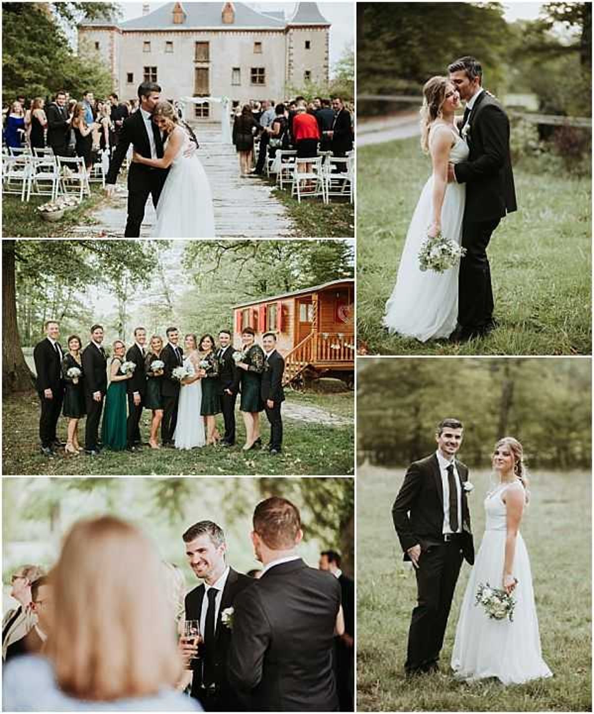 A collage of five wedding photographs from an outdoor château wedding. The top-left image shows the couple walking back down the aisle after their ceremony, set on a white-runner aisle flanked by white folding chairs, with a large historic brick château as the backdrop and approximately 60–80 guests visible; wide shot. The top-right image is a close-up couple portrait with the groom in a black suit and black tie kissing the bride on the forehead; she wears a flowing white gown and holds a loose bouquet of white and greenery blooms. The middle image is a full bridal party group portrait taken outdoors near a red wooden caravan structure; bridesmaids wear forest green knee-length dresses and groomsmen wear black suits, with the group numbering approximately 10–12 people alongside the couple; wide shot. The bottom-left image shows a candid cocktail hour moment with two men in black suits holding champagne flutes and conversing, with a blurred foreground figure; medium portrait shot. The bottom-right image is a couple portrait standing in an open field, the groom in a black suit with a tie and the bride in a sleeveless white A-line gown holding a loose bouquet of white blooms and eucalyptus; the overall styling is classic with a forest green and white color palette.