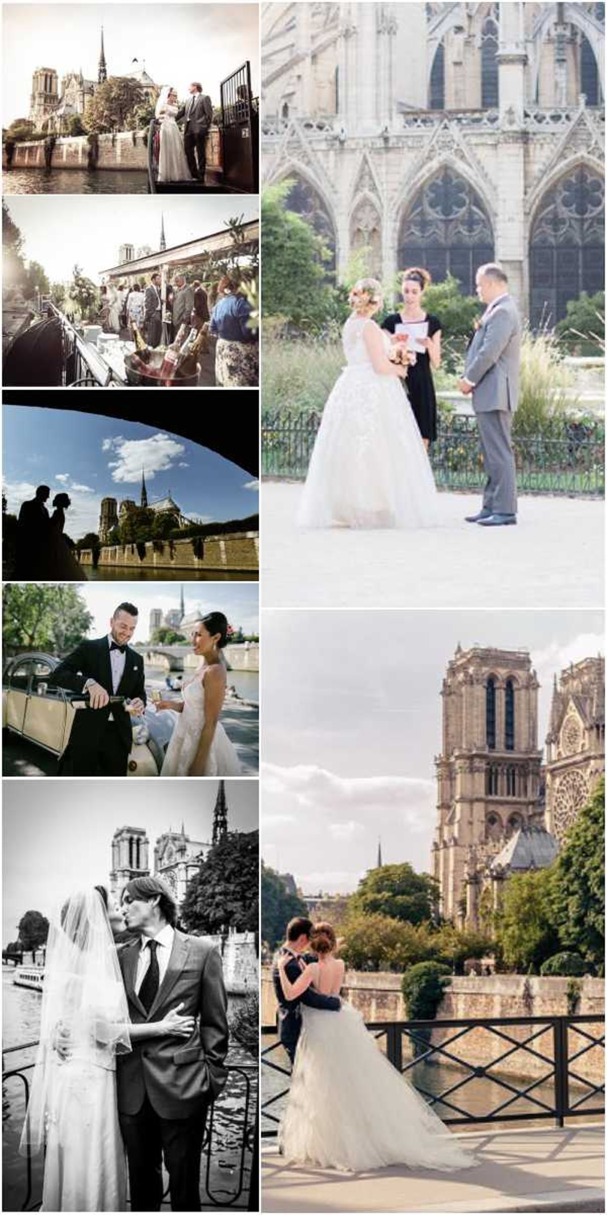 A collage of seven wedding photographs taken at various locations along the Seine River in Paris, with Notre-Dame Cathedral visible in multiple frames. The images document what appears to be a small intimate elopement-style wedding, featuring a bride in a white ballgown with a long veil and a groom in a dark suit with bow tie, as well as a separate couple where the groom wears a grey suit. One image shows an outdoor ceremony in front of Notre-Dame's Gothic facade, with the bride wearing a floral crown and holding a bouquet, facing a groom in a light grey suit while an officiant in black conducts the ceremony. Several shots are taken from or near a boat on the Seine, including one where the groom pops a champagne bottle, and another showing a group of guests on the boat deck with Notre-Dame in the background. One image is black-and-white showing the couple in a close portrait near the riverbank with high contrast tones. The bottom-right frame shows a couple embracing on a bridge with Notre-Dame prominently in the background. The overall styling is classic Parisian with minimal decor, relying on the city architecture as the primary backdrop.