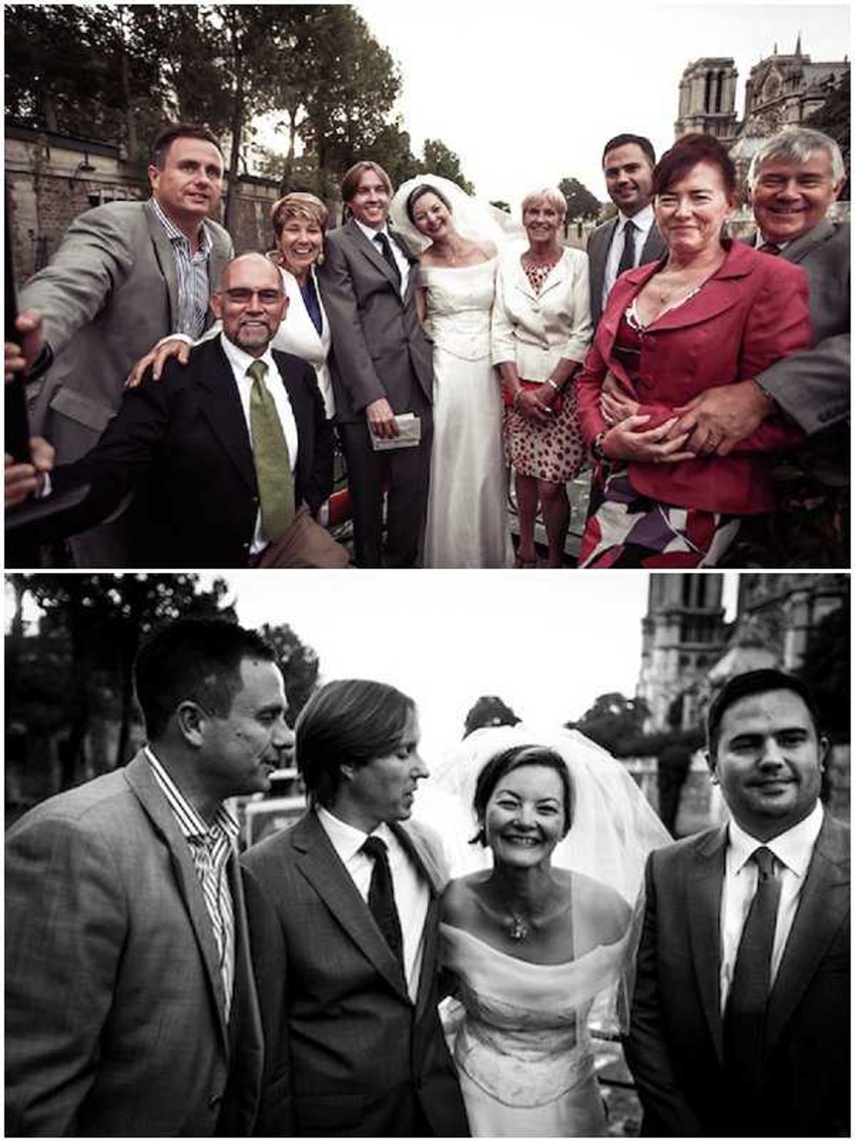 A composite of two photographs taken outdoors in Paris, with Notre-Dame Cathedral visible in the background. The top image is in color and shows the bride and groom surrounded by approximately seven family members or guests posing together as a group; the bride wears a white strapless gown with a veil, and the groom wears a dark grey suit with a dark tie. Guests are dressed in grey suits, a red blazer, a floral dress, and a white jacket. The bottom image is a black-and-white close-up of the bride laughing alongside three men in grey suits with dark ties, capturing a candid, joyful moment. Both shots are taken at street level with a wide-angle perspective, and the dark stone architecture of Notre-Dame is recognizable in the upper right of each frame.