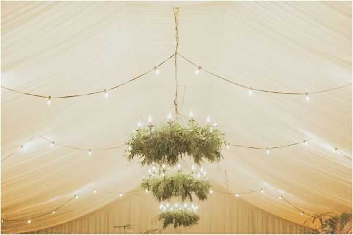 Detail shot of a marquee ceiling decorated with two tiered chandelier-style installations made from lush green foliage, fitted with white candle-style bulbs. Strings of globe fairy lights are draped across the cream-draped tent ceiling, creating a warm, softly lit atmosphere. The overall decor palette is cream and green with a rustic-natural styling theme. No people are visible in the frame.