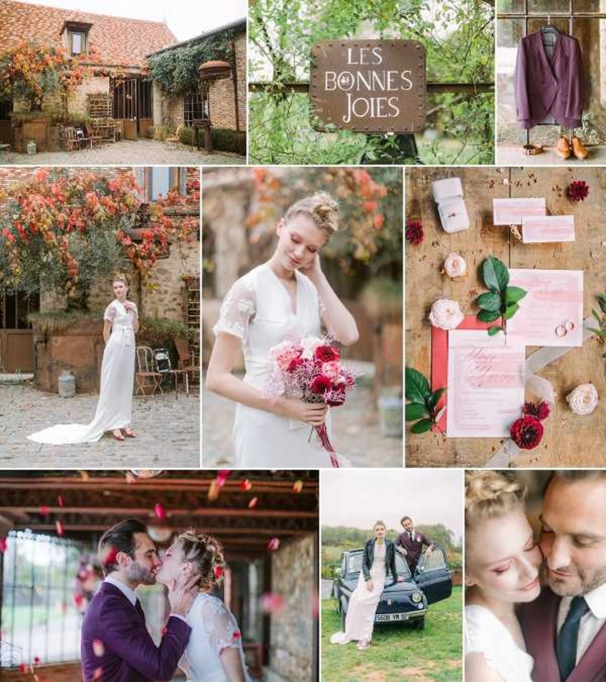 A styled wedding shoot collage featuring eight images from a venue called 'Les Bonnes Joies,' shown via a rustic wooden sign in the top center panel. The venue is a stone and brick farmhouse-style property with ivy and climbing plants covering the facade, visible in the top-left and bottom-left panels. The bride wears a white short-sleeved gown with a flowing skirt, and the groom wears a plum/burgundy suit with tan oxford shoes, visible hanging in the top-right panel. The bouquet features deep crimson and pink dahlias, pink peonies, and dark red blooms tied with a crimson ribbon. The stationery flat lay in the bottom-right of the grid shows a coral-red envelope, pink watercolor invitation cards, gold rings, a ring box, and dark red dahlia blooms arranged on a weathered wooden surface. The couple is shown kissing indoors with pink rose petals falling around them, posed together beside a vintage navy-blue compact car in an outdoor field, and in a close-up intimate portrait. The overall color palette is burgundy, deep plum, crimson, and blush pink against neutral stone and white. The shoot has a romantic, slightly rustic French countryside aesthetic. Potential venue feature image.