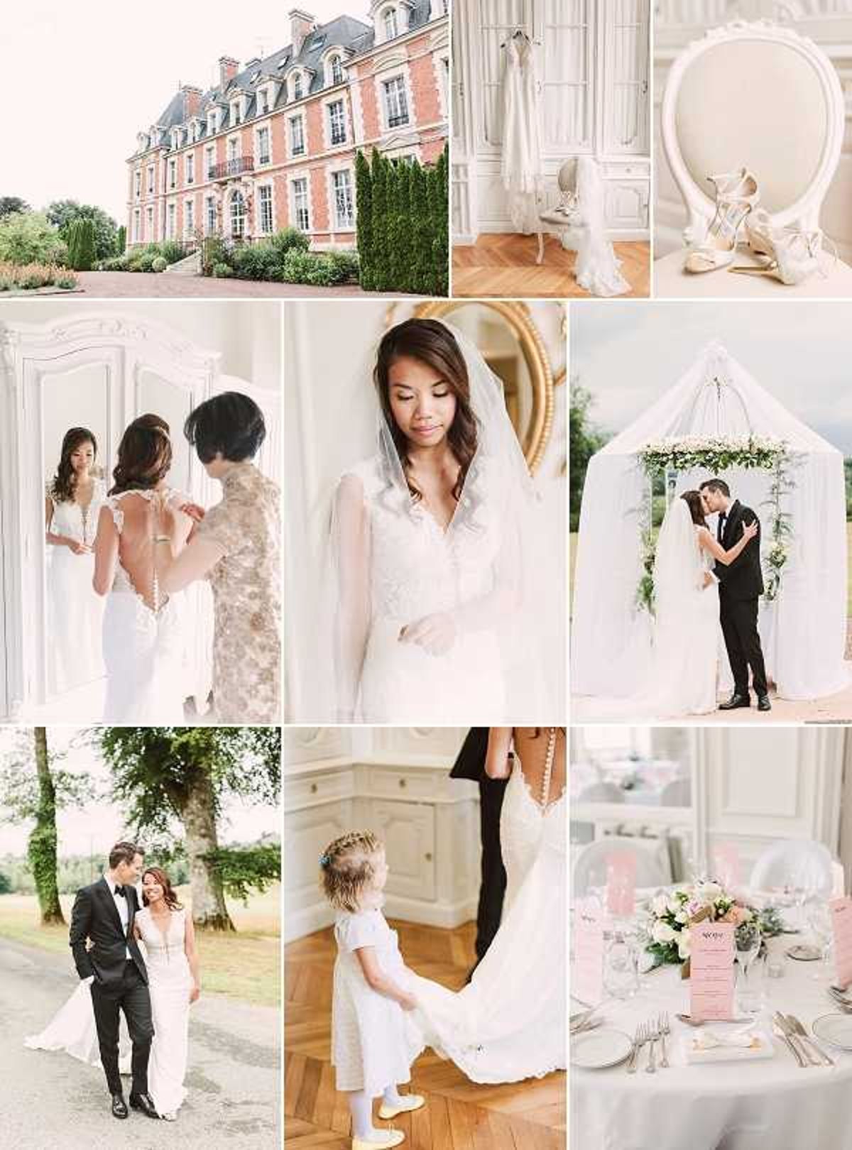 A seven-image collage documenting a wedding at a French chateau, featuring a classic red-brick and mansard-roof chateau exterior surrounded by manicured hedges (top left); a getting-ready vignette showing an ivory long-sleeve lace wedding gown hanging in a white-paneled room beside white satin heeled shoes displayed on a round white mirror frame (top center and right); a bride in a fitted white lace-back gown being buttoned by an attendant in a floral qipao, reflected in a large ornate white-framed wardrobe mirror (middle left); a portrait close-up of the bride wearing a long cathedral veil over a long-sleeve lace gown, looking downward (middle center); the couple sharing a kiss at an outdoor ceremony altar draped in white fabric with a greenery chandelier overhead, the groom in a black tuxedo (middle right); a wide outdoor portrait of the couple walking along a tree-lined chateau path, the bride in a fitted V-neck gown with flowing fabric (bottom left); a young flower girl in a white short-sleeve dress touching the bride's gown train on a herringbone parquet floor (bottom center); and a reception table detail showing silver charger plates, blush pink menus, and a low centerpiece of white and blush blooms with greenery in a soft pink and white palette (bottom right). Potential venue feature image.