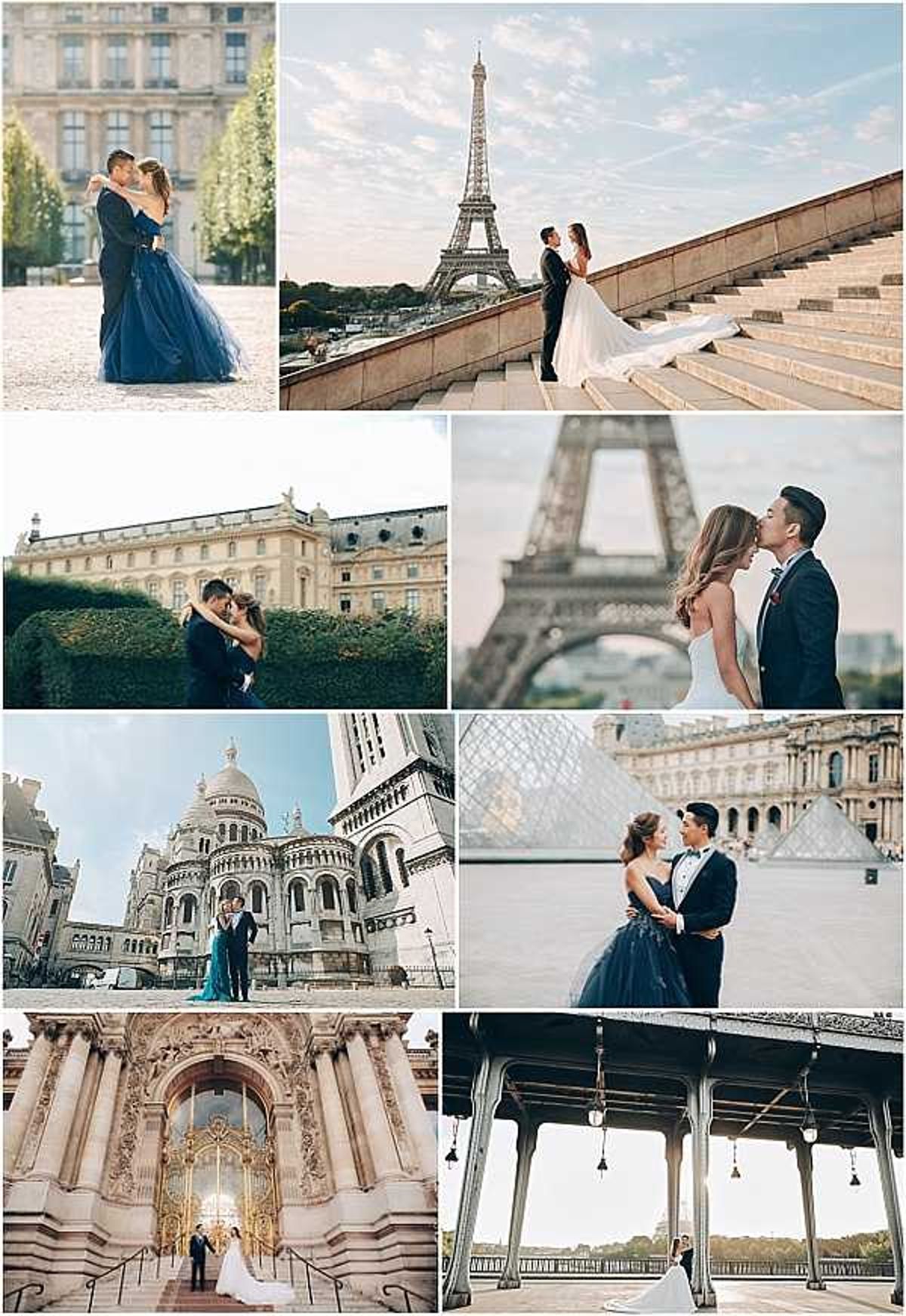 A collage of eight pre-wedding or engagement portrait shots taken across multiple iconic Paris landmarks, featuring a couple throughout — the woman alternates between a navy blue ball gown with a full tulle skirt and a white gown with a long train, while the man wears a dark navy suit. Locations visible across the images include the Louvre courtyard, the Eiffel Tower (shown from Trocadéro steps and at close range), Sacré-Cœur Basilica in Montmartre, the Louvre Pyramid, an ornate gilded doorway (likely Petit Palais), and the Bir-Hakeim bridge with its iron columns and hanging lanterns. Poses range from close embraces and near-kisses to wide shots that frame the couple against the architectural backdrops. The overall styling is classic and formal, with the navy gown providing a consistent color accent across multiple frames, and all images are taken in natural daylight with a bright, airy tone.