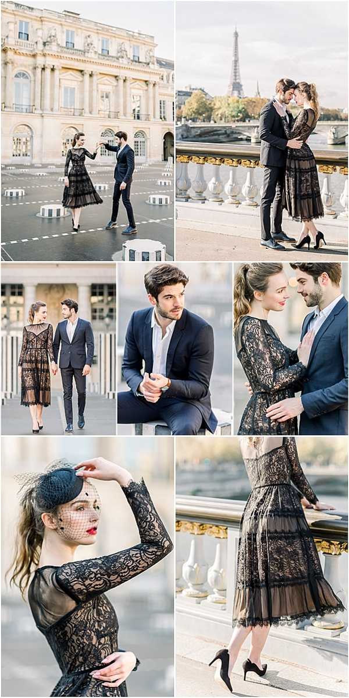 A six-image collage of an engagement or pre-wedding portrait session shot entirely outdoors in Paris. The couple is photographed at two iconic locations: the Palais Royal courtyard with its striped column installations, and the Pont Alexandre III bridge with its ornate gilded railings and the Eiffel Tower visible in the background. The woman wears a midi-length black lace dress with long sleeves, a sheer overlay, and tiered hem, paired with black stiletto heels; in the bottom-left close-up she also wears a small black fascinator hat with a dotted veil and has red lipstick. The man wears a navy suit with an open-collar white shirt. Images include a wide walking shot, a close portrait of the man seated, a couple embrace near the bridge railing with the Eiffel Tower behind them, a detail close-up of the woman's dress and hat, and a detail shot of the dress hem against the bridge's gilded railing. The overall styling is classic Parisian with a dark, fashion-forward palette. Shots range from wide environmental portraits to tight detail close-ups.