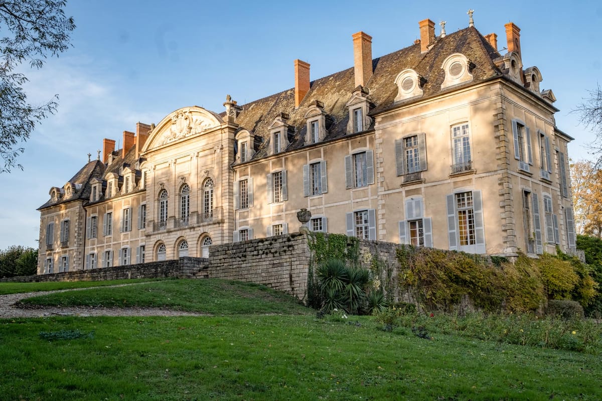 Wide-angle exterior shot of a large French château photographed from ground level, looking up from the grounds. The building features classic 17th–18th century French architecture with a warm cream and pale stone facade, grey-blue shuttered windows across multiple floors, ornate dormer windows, terracotta brick chimneys, a mansard-style slate roof, and a decorative central pediment with carved stonework detail. A low stone retaining wall runs along the base of the building, with climbing ivy and a yucca plant visible at ground level. No people are present in the image. The shot is taken in warm late-afternoon light that catches the front facade. Potential venue feature image.