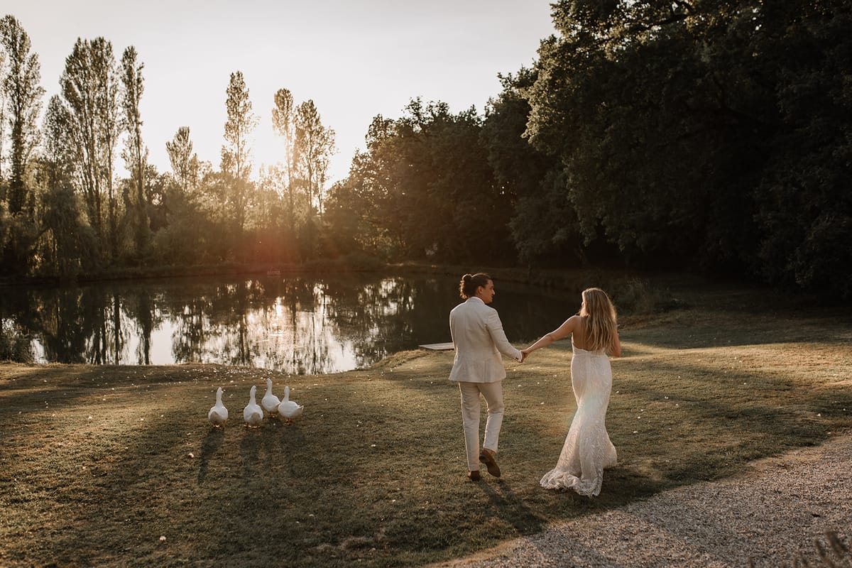 A couple walks hand-in-hand across a lawn toward a pond during golden hour, photographed from behind in a wide shot. The groom wears a cream-ivory suit with brown shoes and has his hair pulled back, while the bride wears a fitted lace gown with a low open back, a short train, and long blonde hair worn loose. Four white geese walk in a loose line to the left of the couple, adding an unscripted, relaxed element to the scene. The setting is an outdoor estate or domaine grounds featuring a reflective pond surrounded by tall poplar trees, with warm sunset backlight creating strong golden tones across the entire image. The overall styling aesthetic is relaxed boho-romantic with an all-ivory color palette.