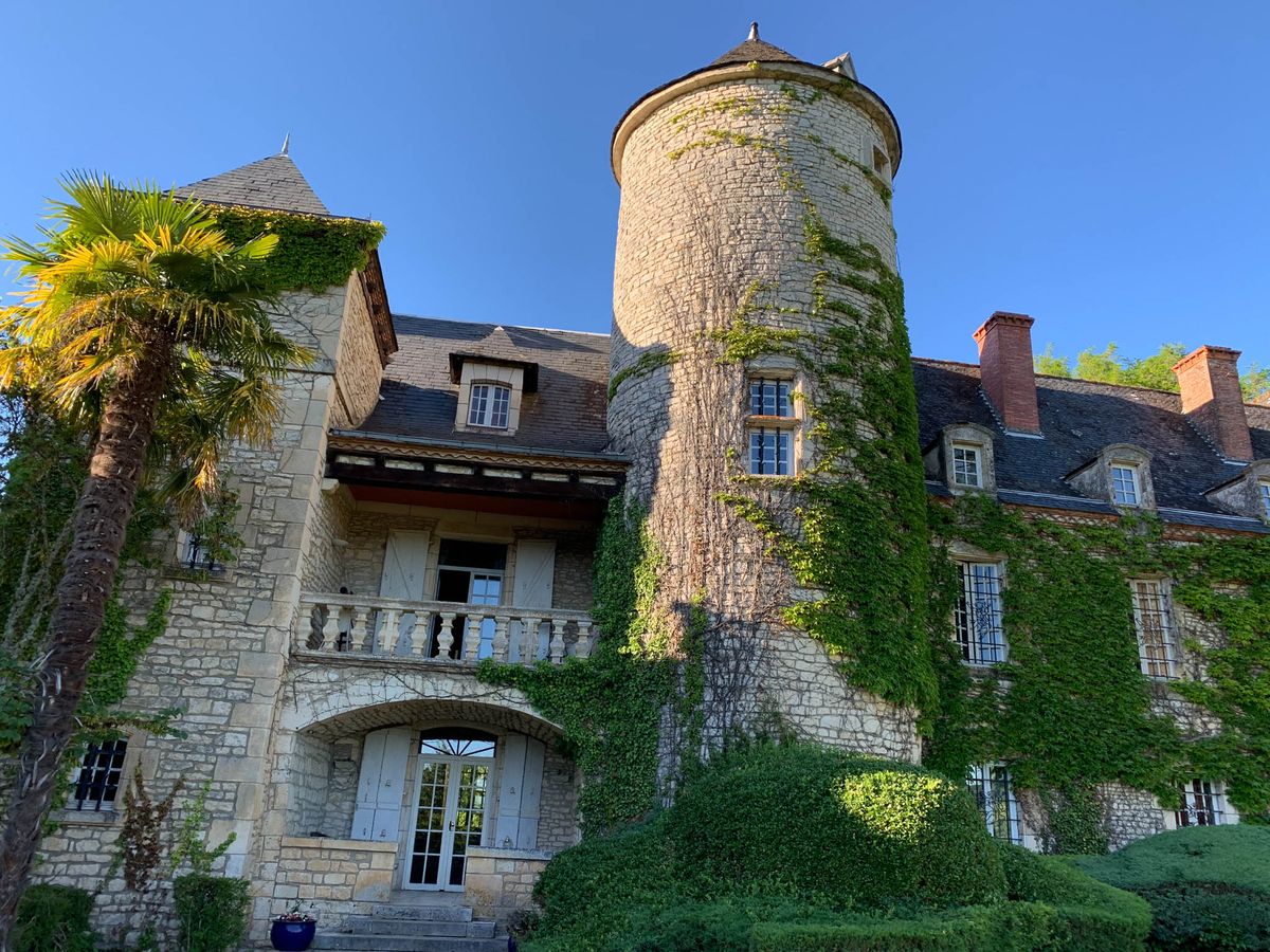 Stone manor with ivy-covered round tower, slate dormers, and palm tree on manicured grounds