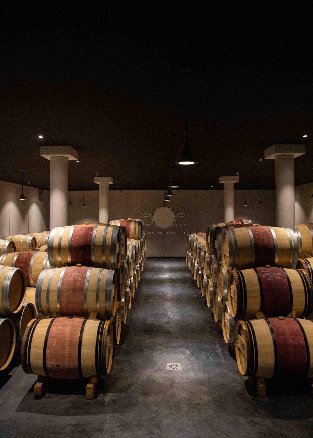 Wine barrel cellar with symmetrical oak barrels, dark ceiling, and spotlit central aisle