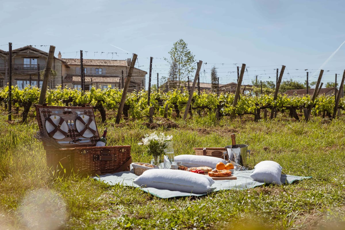 Vineyard picnic spread with wicker hamper champagne bucket and white flowers before stone manor