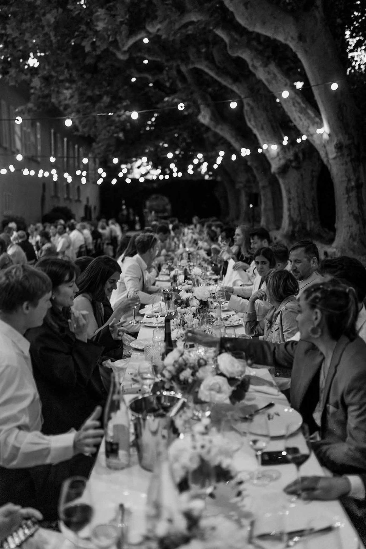 Guests dining under festoon lights between plane trees in black and white at Château Sainte-Roseline
