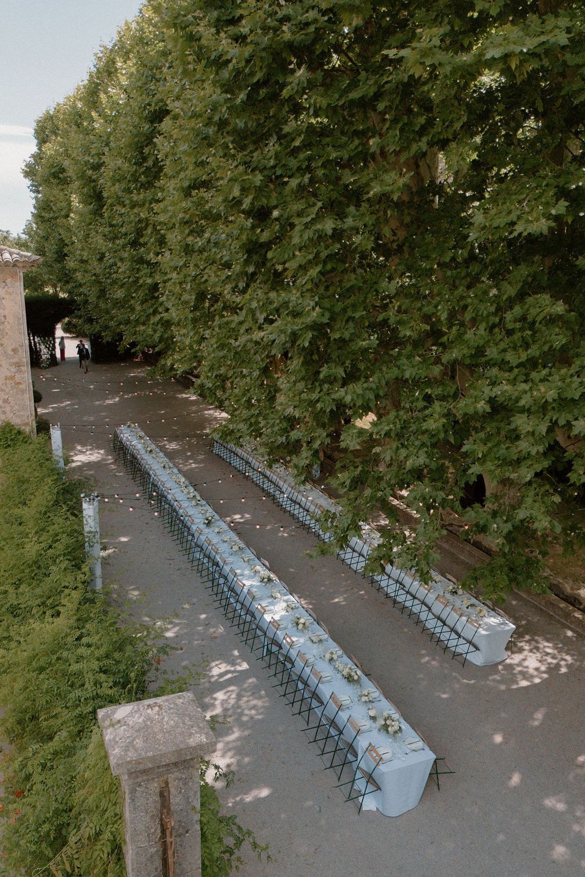Aerial view of two long reception tables set under ancient plane trees with petals on gravel at Château Sainte-Roseline