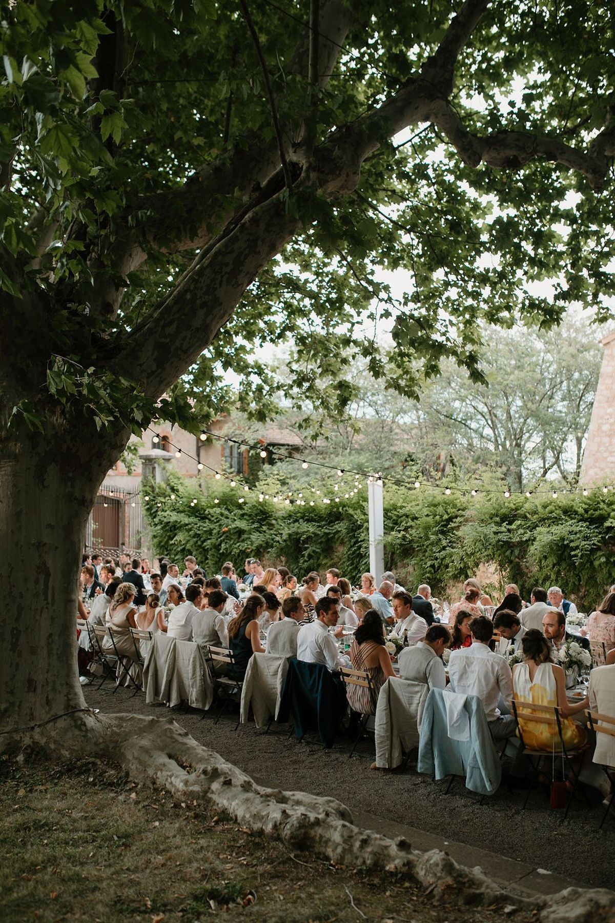 Guests seated at long banquet tables under festoon lights and plane tree canopy at Château Sainte-Roseline