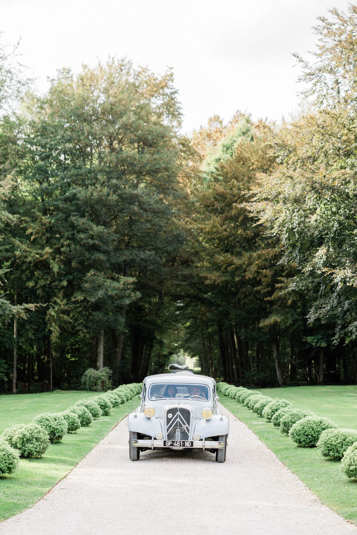 Vintage grey Citroen Traction Avant driving along boxwood-lined chateau gravel driveway