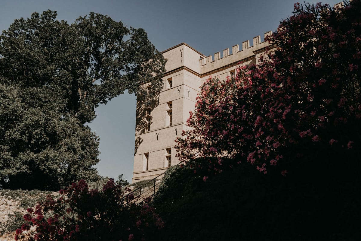 Crenellated limestone chateau tower framed by pink oleander blooms and mature tree from low angle