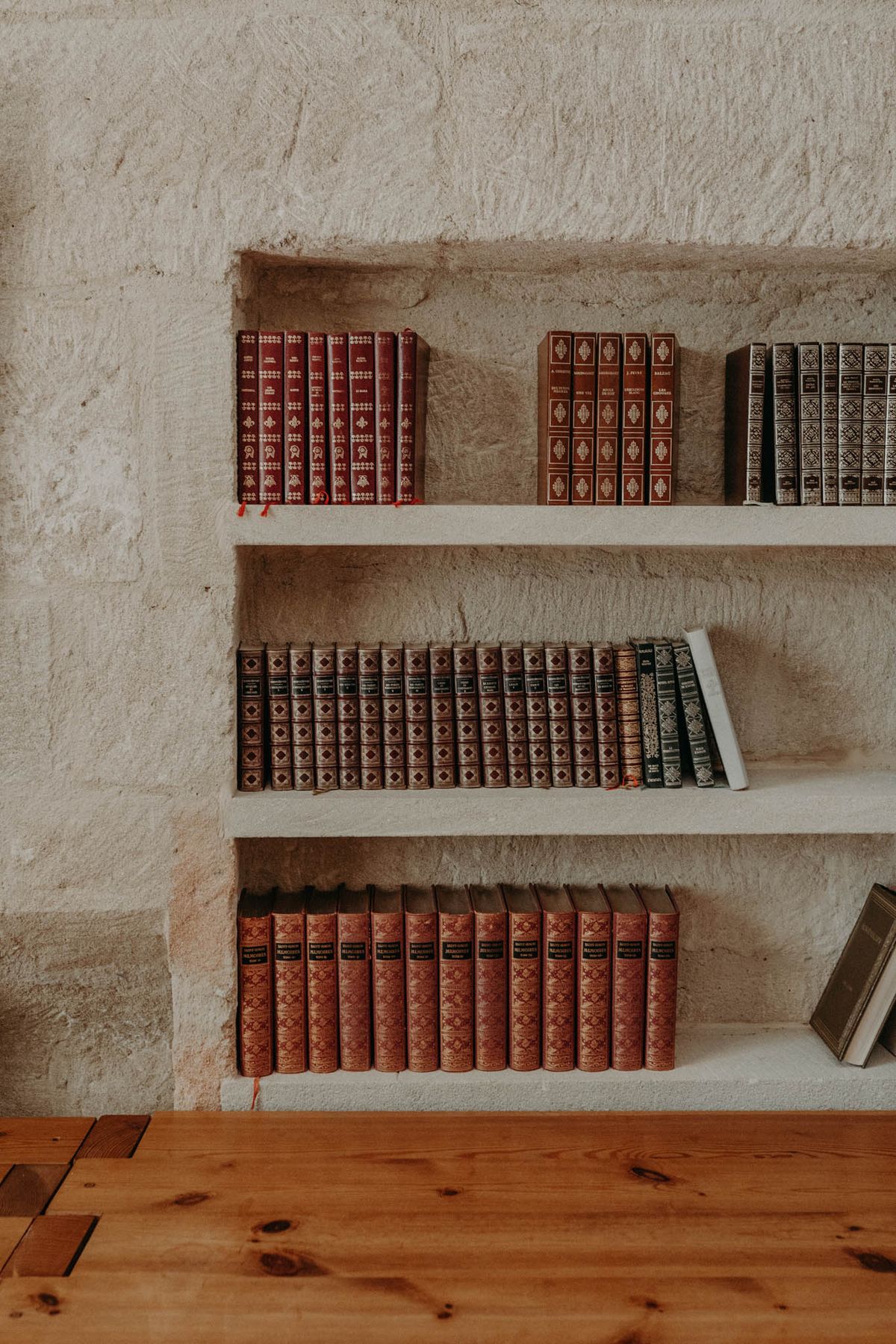 Stone-carved bookshelf with antique leather-bound books in burgundy, tan, and olive tones