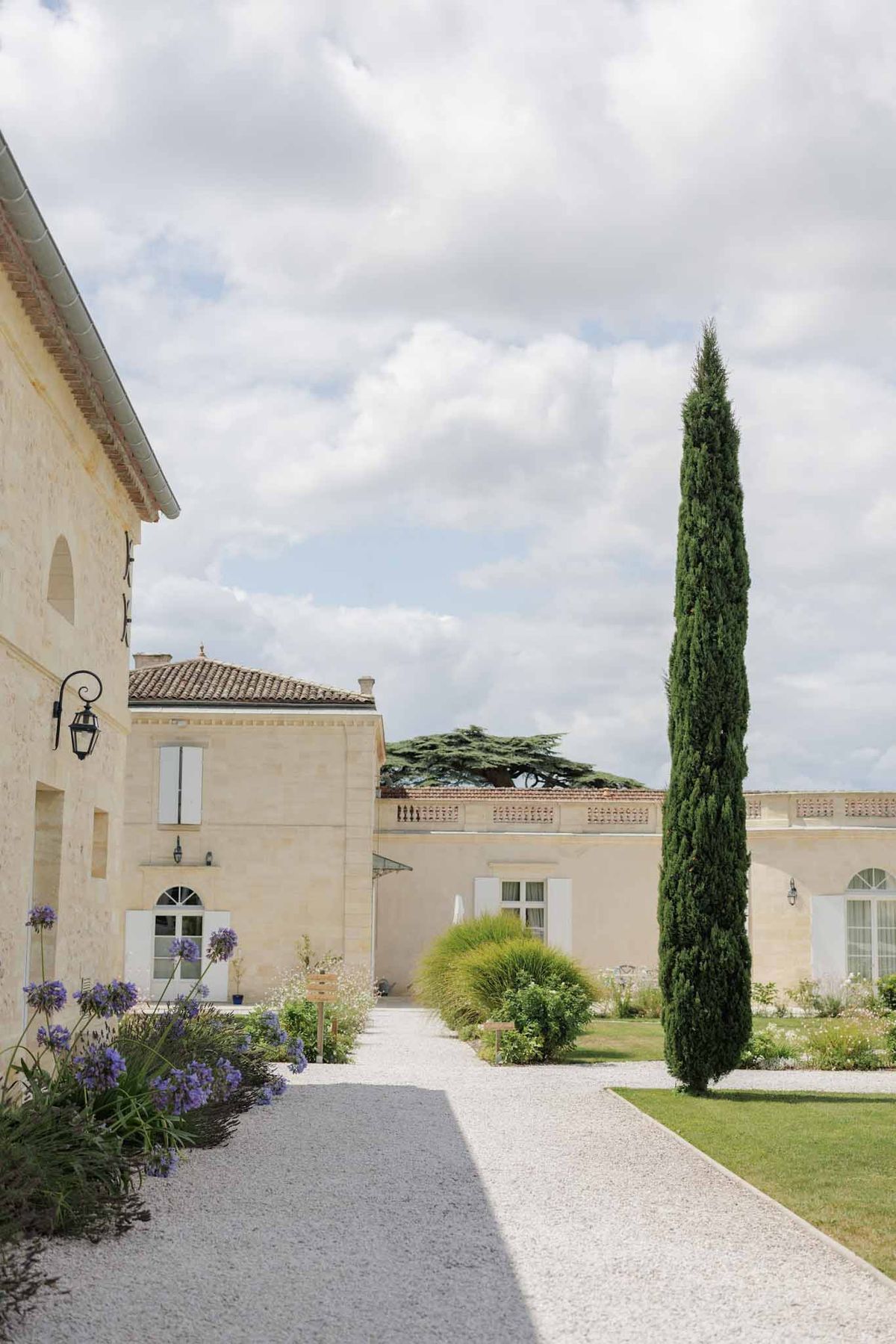 Gravel path between limestone buildings with cypress tree and purple agapanthus at French domaine