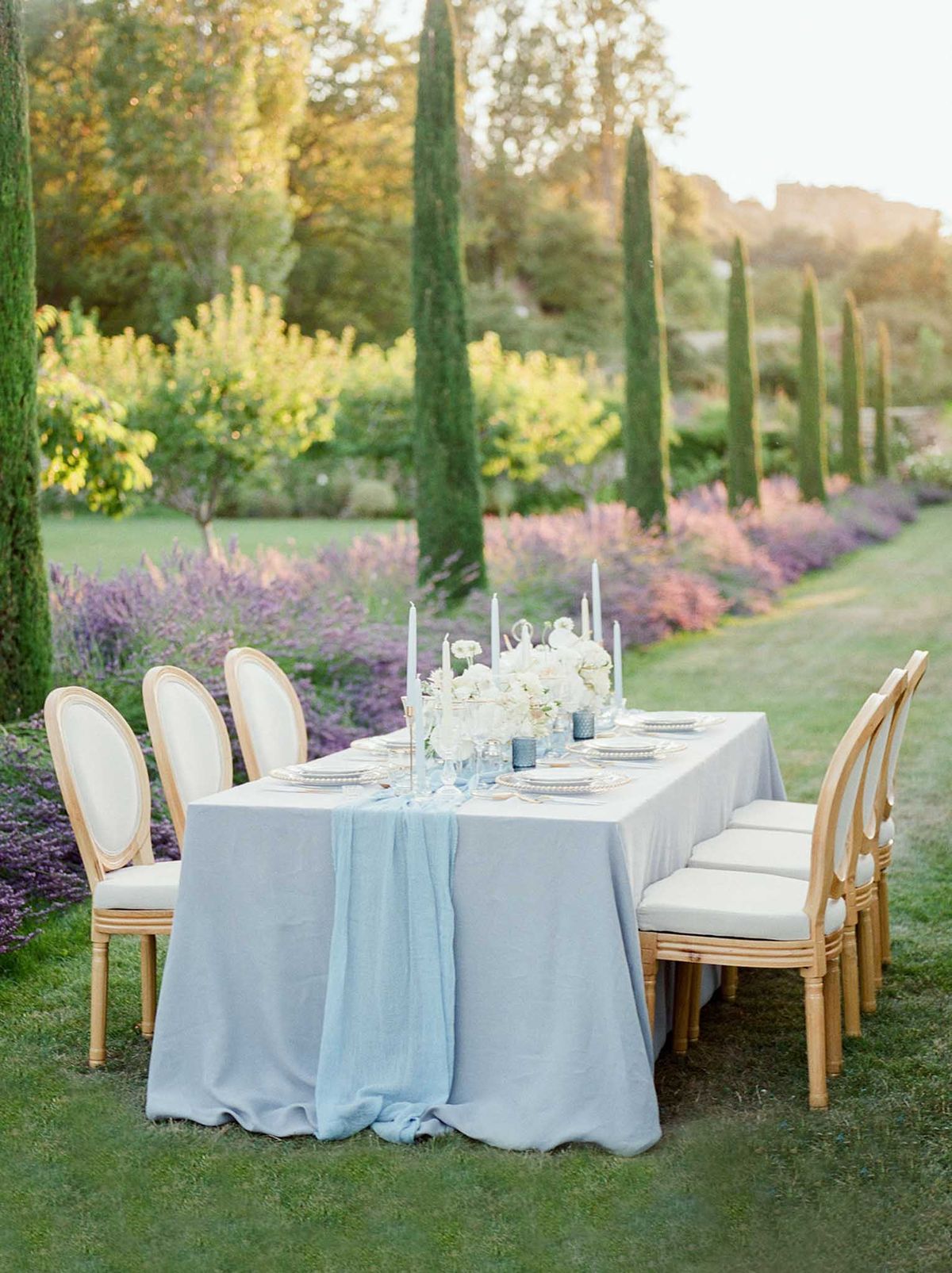 An outdoor reception tablescape styled in a garden setting, photographed as a wide detail shot at golden hour. The rectangular table is dressed in a pale blue linen tablecloth with a draped, gauzy light blue cheesecloth runner cascading off the end. Centerpieces consist of low arrangements of white roses and ranunculus, accompanied by slim dusty blue taper candles in gold candleholders and small dusty blue glassware. Place settings feature white plates with gold-rimmed chargers and gold flatware. Seating consists of gold-framed Louis XVI-style chairs with cream upholstered oval backs and seats, arranged on each side of the table. The overall decor palette is powder blue, white, and gold, with a classic French-inspired styling theme.