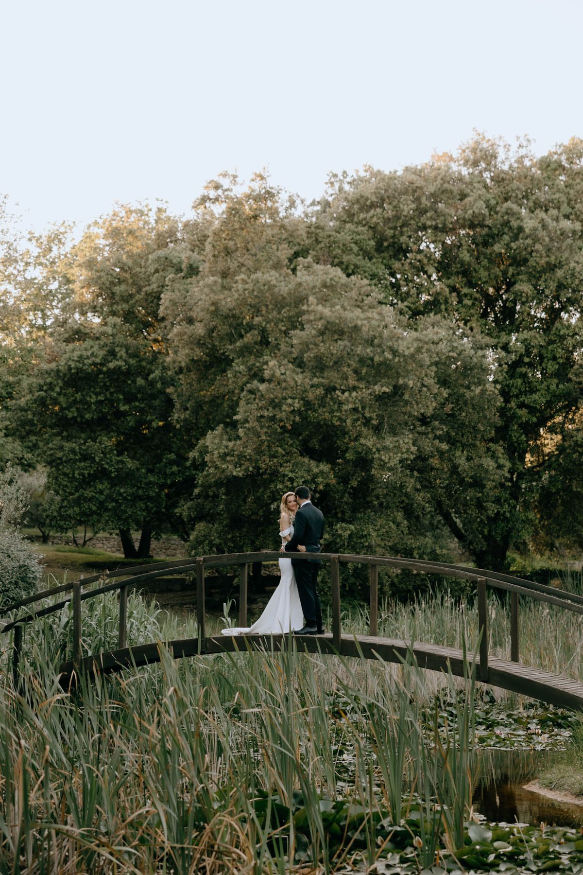 A couple portrait taken outdoors on a wooden arched footbridge over a pond, set within the grounds of what appears to be a French estate or château garden. The bride wears a fitted white gown with long sleeves and a short train, and the groom is dressed in a dark navy suit; the two are embracing and facing each other. The bridge is flanked by tall reeds and water lily pads on the pond surface. The composition is a wide shot taken from ground level with the reeds in the foreground, placing the couple small within the landscape and emphasizing the expansive garden setting with large mature trees behind them. The image is shot in warm late-afternoon light.
