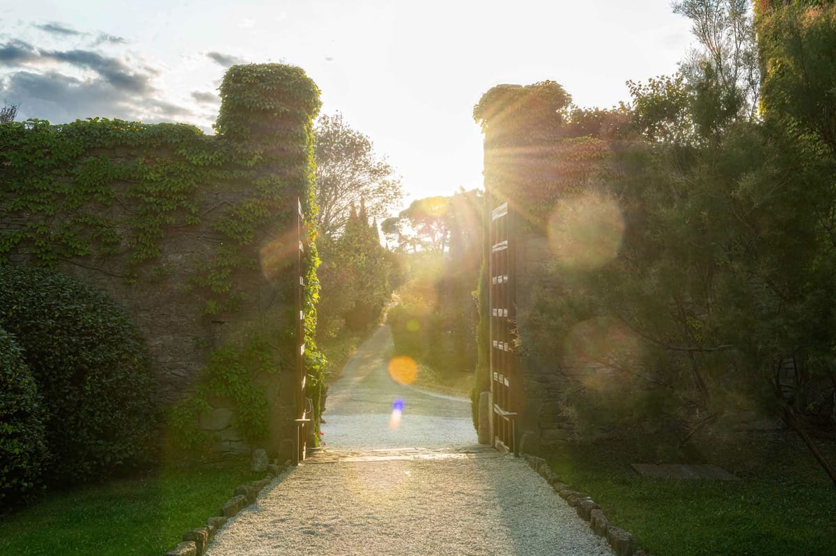 Stone gateway entrance with ivy-covered pillars and wooden gates leading to a chateau driveway in sunlight