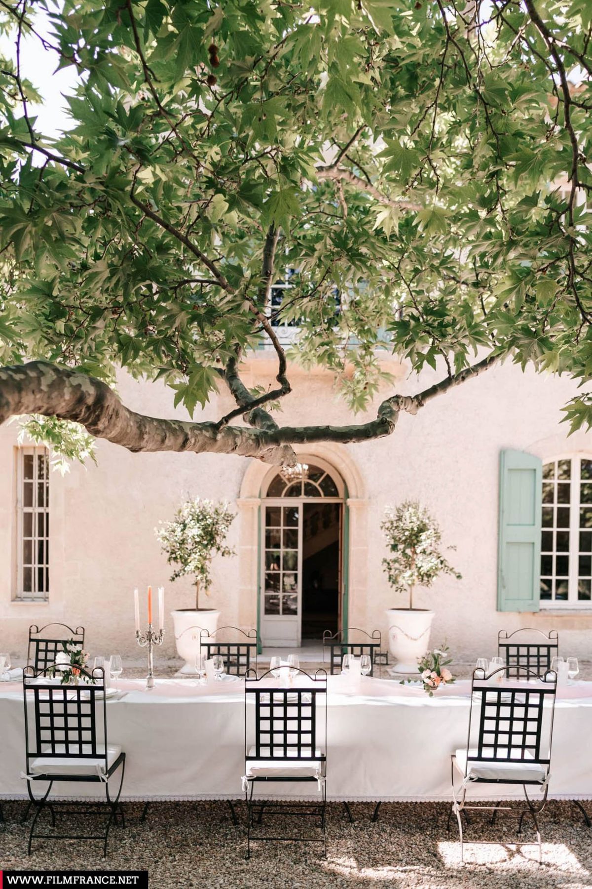 An outdoor wedding reception table setup in the courtyard of a French country house or bastide, featuring warm ochre-toned rendered walls, an arched doorway, and sage green window shutters. A long rectangular dining table is dressed in a white linen cloth and surrounded by black wrought-iron grid-back chairs with white seat cushions, set with glassware and place settings for approximately eight to ten guests. The table centerpieces include small arrangements of peach and blush flowers, and two large white Medici-style urns flank the arched entrance, each planted with topiary trees adorned with white blooms. A silver candelabra with coral-toned taper candles provides additional table decor, and the overall styling palette is white, black, and soft peach against the warm neutral architecture. The shot is a medium-wide portrait-orientation image taken from a low angle beneath an expansive plane tree whose branches frame the scene from above. Potential venue feature image.