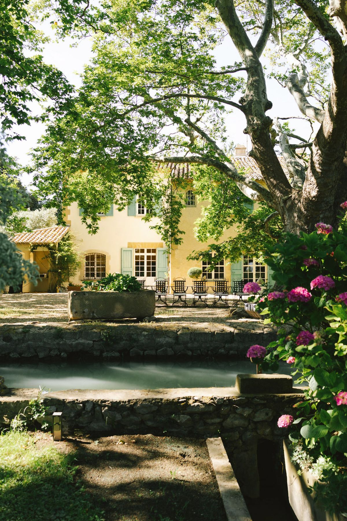 Provencal mas with yellow walls, sage shutters, reflecting pool, and hot pink hydrangeas on gravel terrace