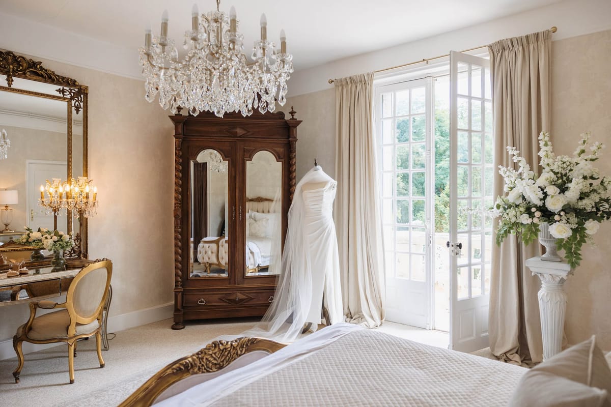 Bridal suite with ivory wedding gown on dress form, white rose arrangement, and gilded French chateau furniture