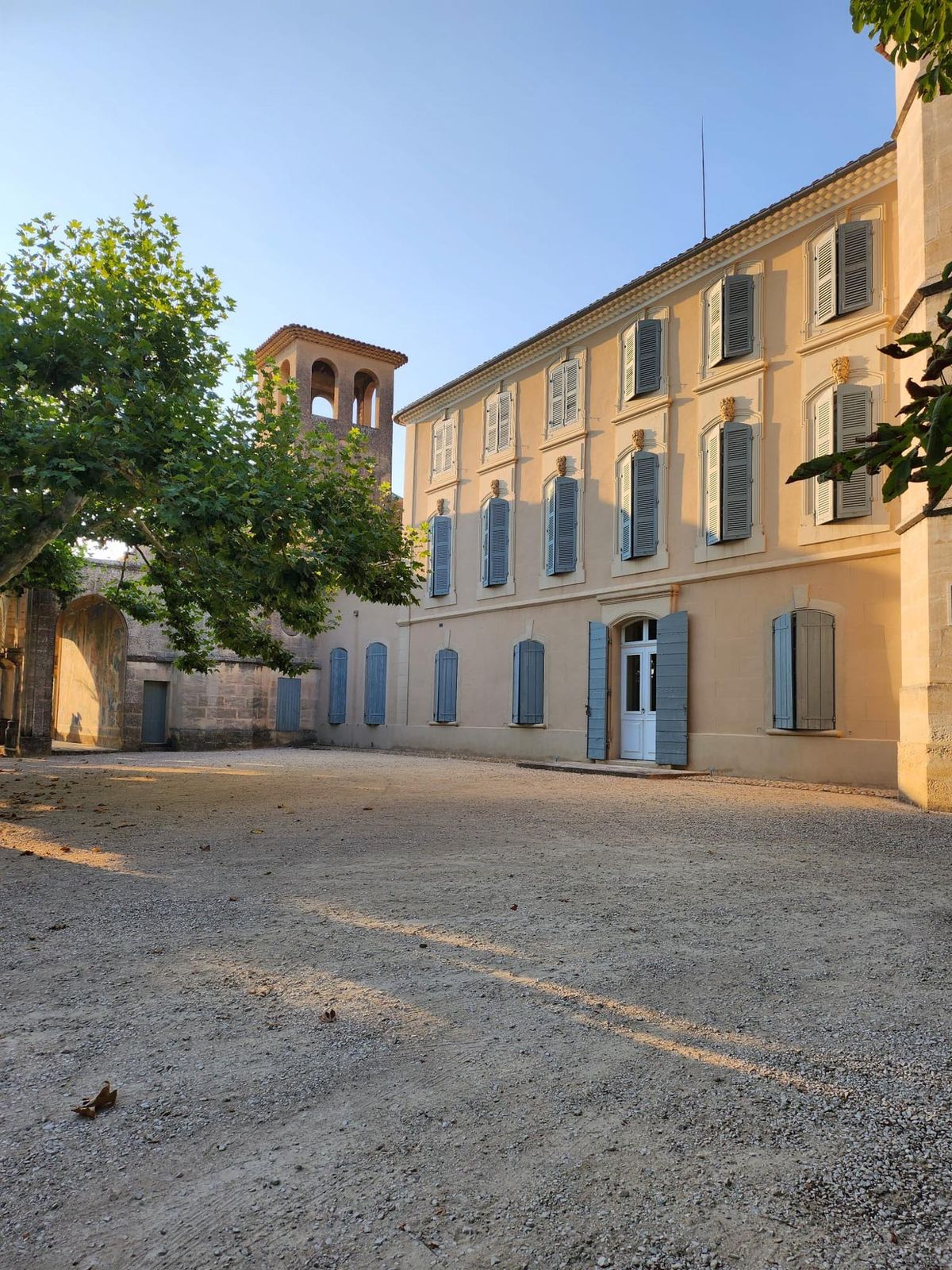 Exterior shot of a three-storey Provençal manor or château façade, photographed in warm late-day sunlight from a wide-angle ground-level perspective. The building features pale ochre-yellow rendered walls with pale blue-grey shutters on all windows and doors, decorative carved stone details above the upper windows, and a central white entrance door flanked by full-length shuttered panels. To the left, a Romanesque bell tower with arched openings rises behind a large mature plane tree, and a stone archway connects to an adjacent structure. The foreground is a wide open gravel courtyard with no people or décor present. No wedding party, couple, or event styling is visible in this image. Potential venue feature image.