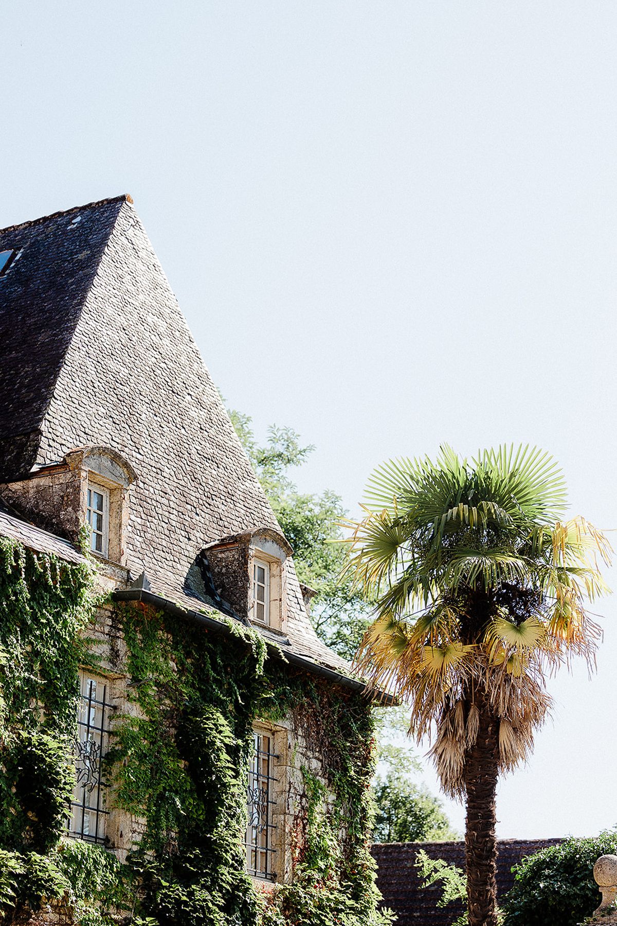Historic stone building with ivy-covered walls and slate roof at wedding venue with palm tree