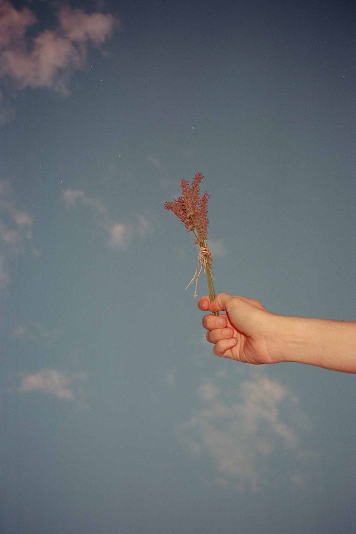 Hand holding dried terracotta flower bundle against blue sky at outdoor wedding