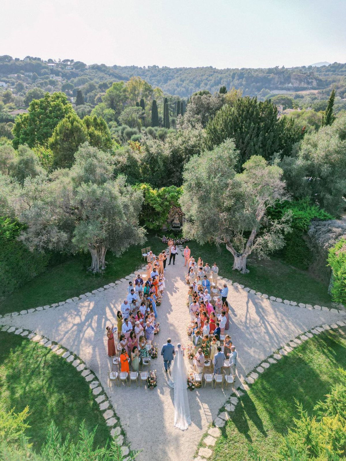 Aerial ceremony on olive tree allee with gold chiavari chairs, warm-toned aisle florals, and rolling hills beyond