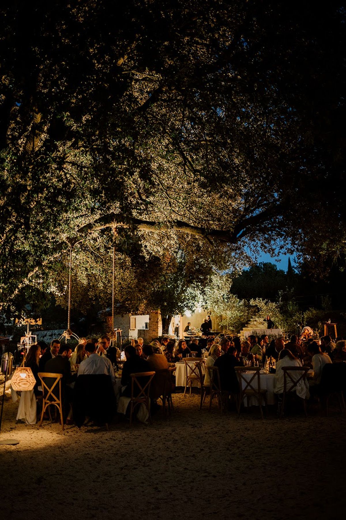 Evening reception for 70 guests at round tables under amber-lit tree canopy on stone courtyard
